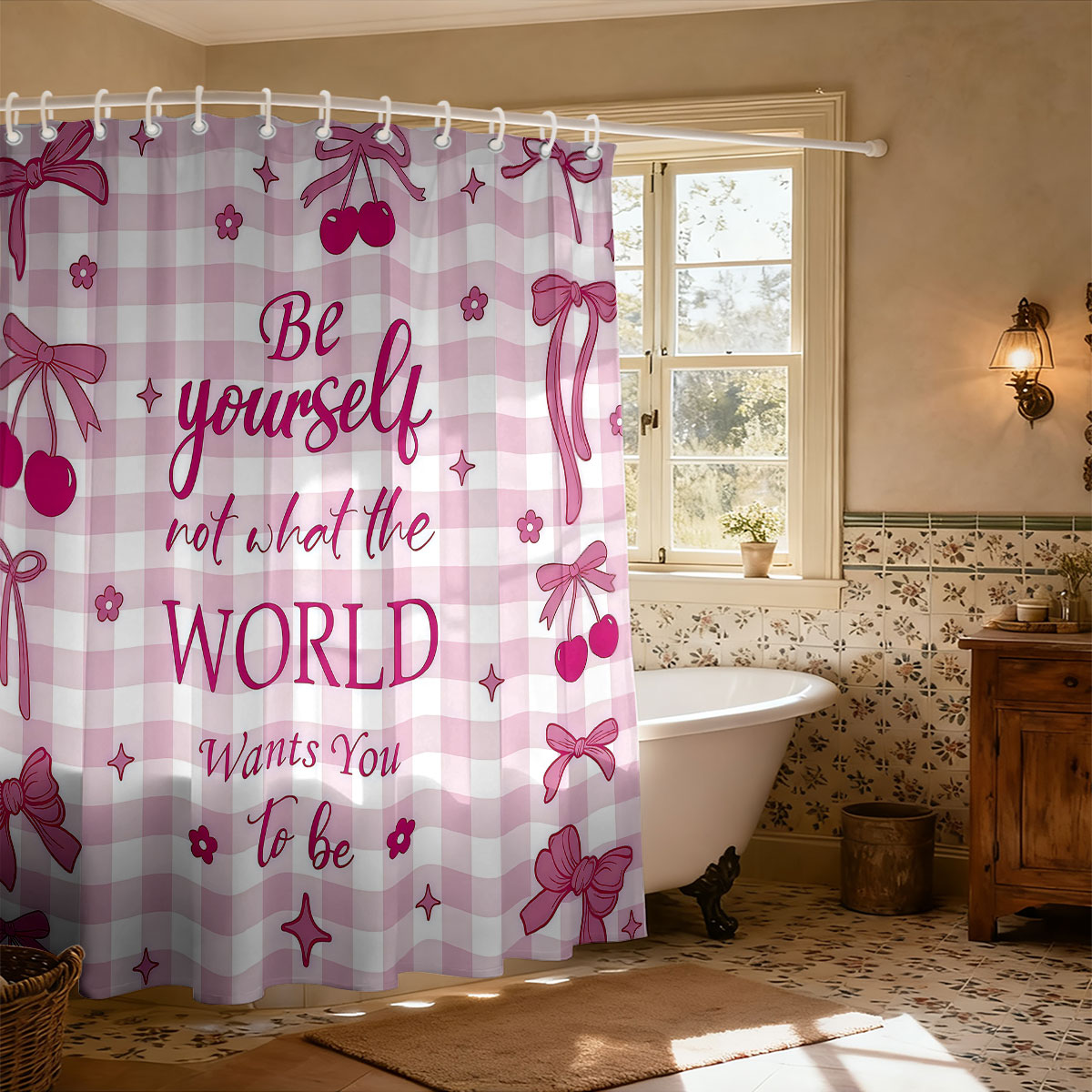 Home Bathroom Partition - 1 adet pembe fiyonk baskılı duş